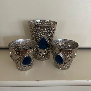 Vintage Stainless Steel with teardrop shaped blue glass Votive Candle Holders